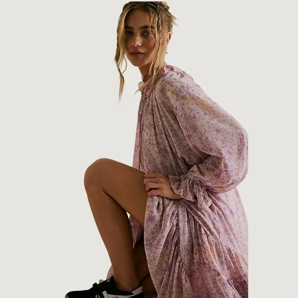 Free People Lavender Floral Tiered Boho Maxi Dress Long Sleeve Ruffle Neck XS - Picture 4 of 12